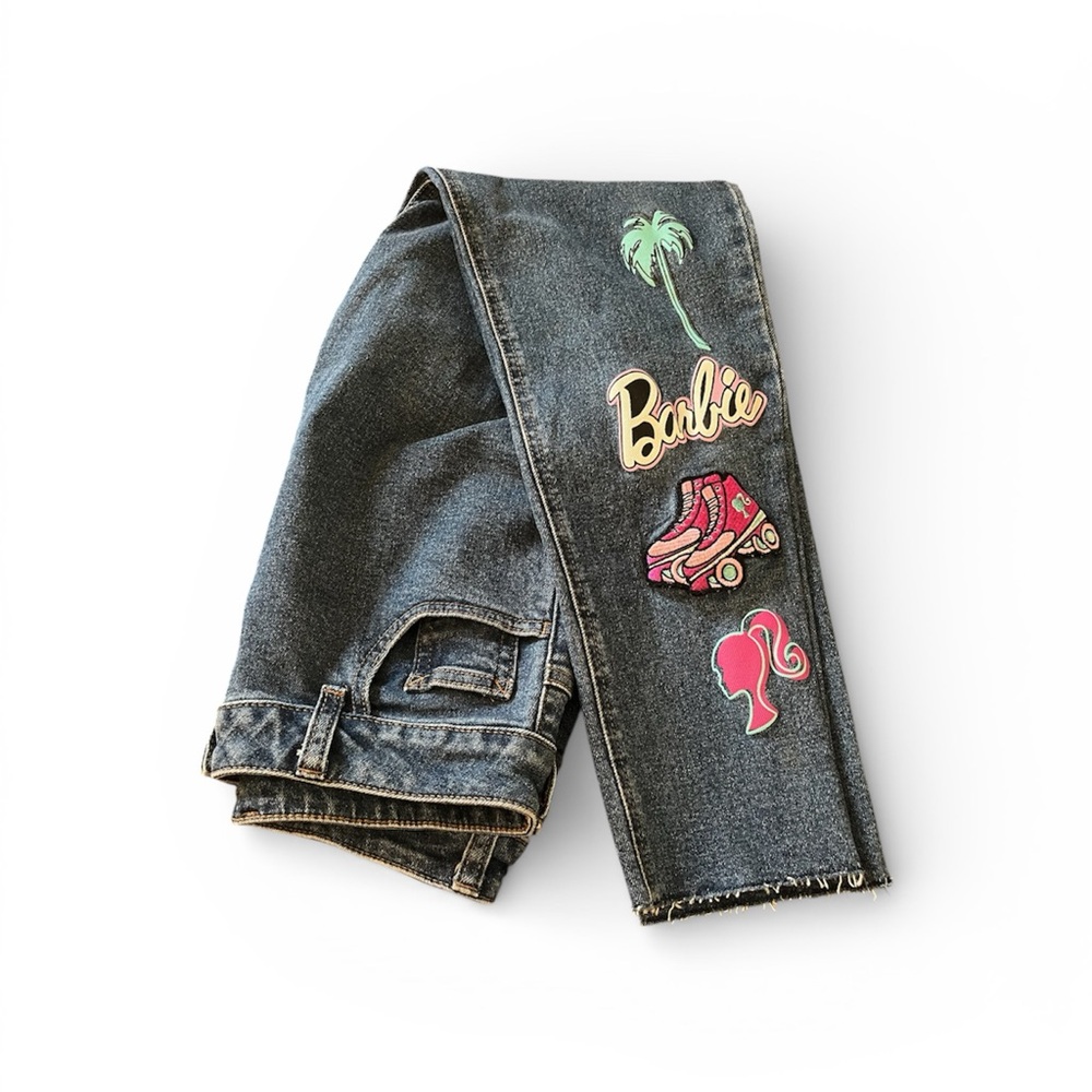 Barbie Graphic girls blue jeans size 14 patches frayed ankle - Picture 1 of 9